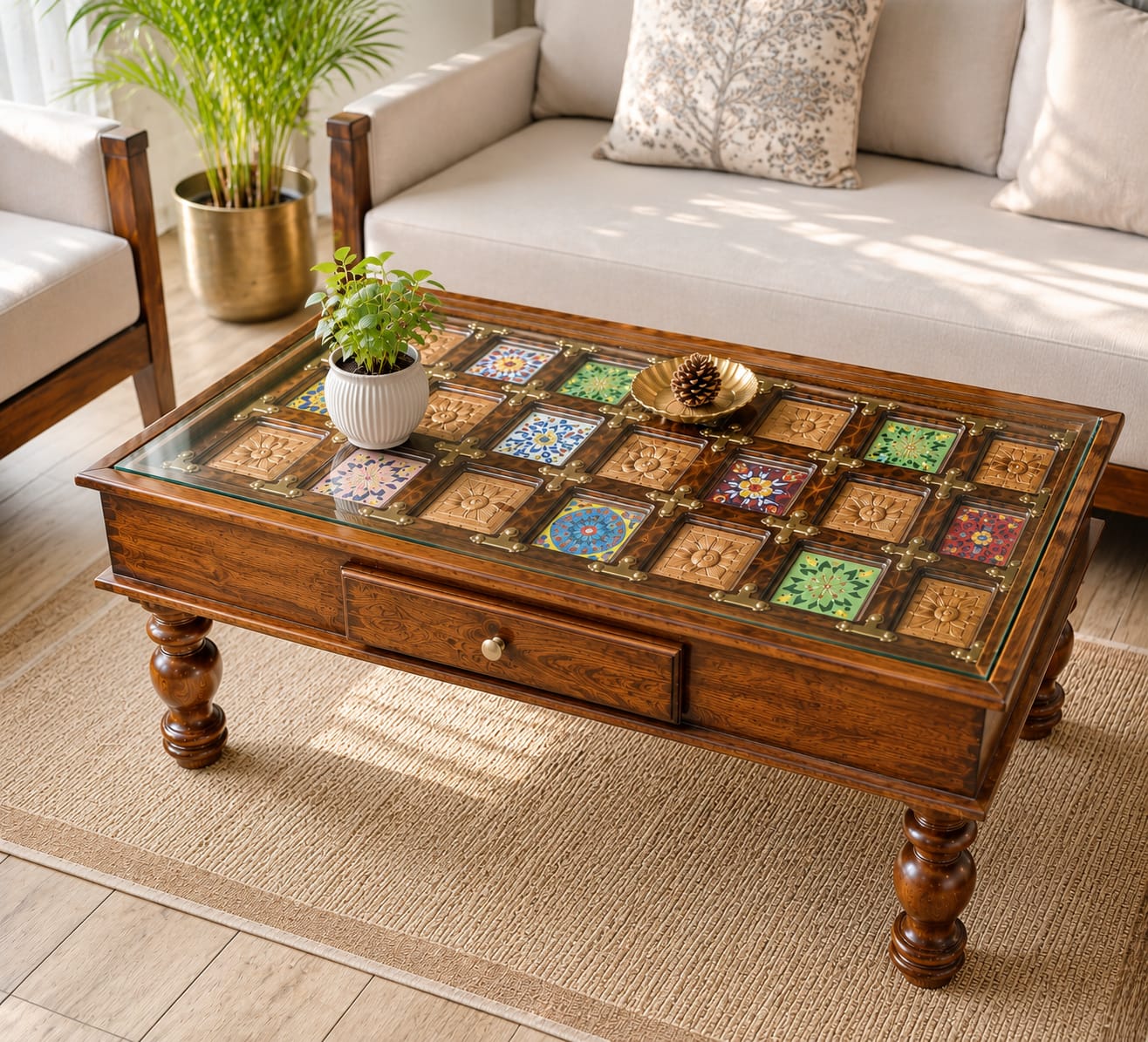 LT Tile Sheesham Wood coffee table with drawer in Honey Finish