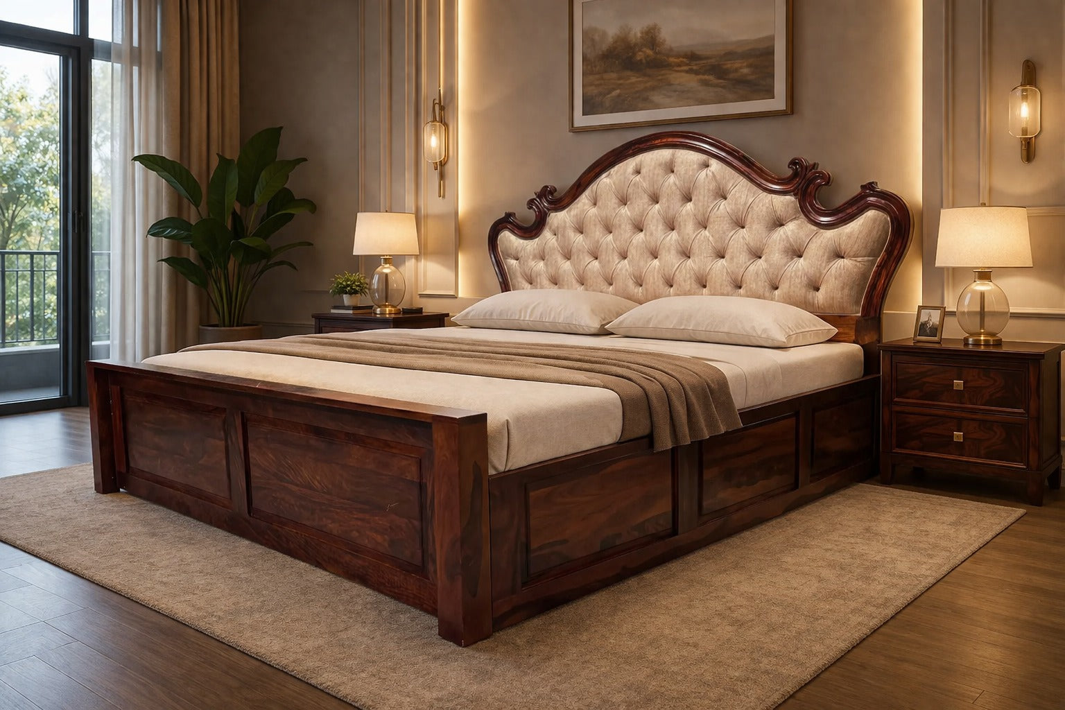 Moon Cushion Sheesham Wood King Size Bed in Honey Finish