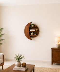 Moon Sheesham Wood Wall Shelf in Honey Finish
