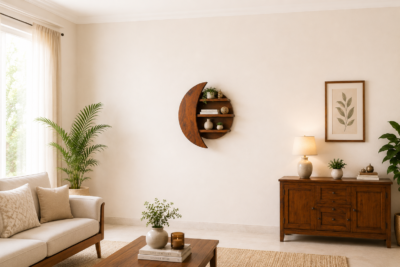 Moon Sheesham Wood Wall Shelf in Honey Finish