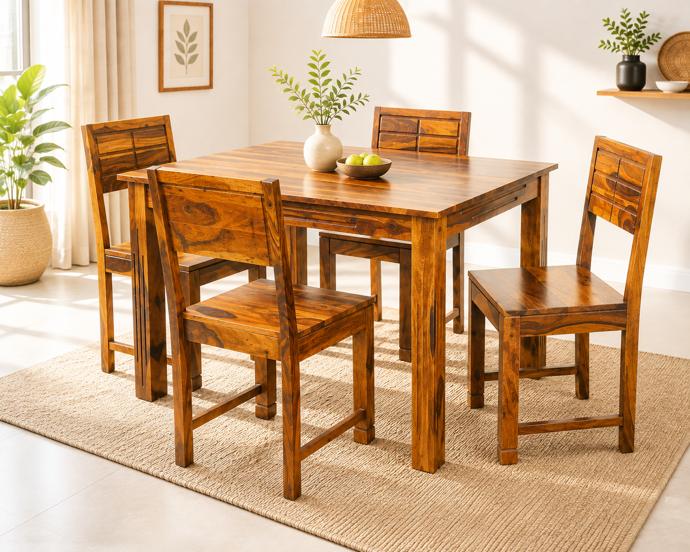 Notch 4 Seater Sheesham Wood Dining Set in Teak Finish