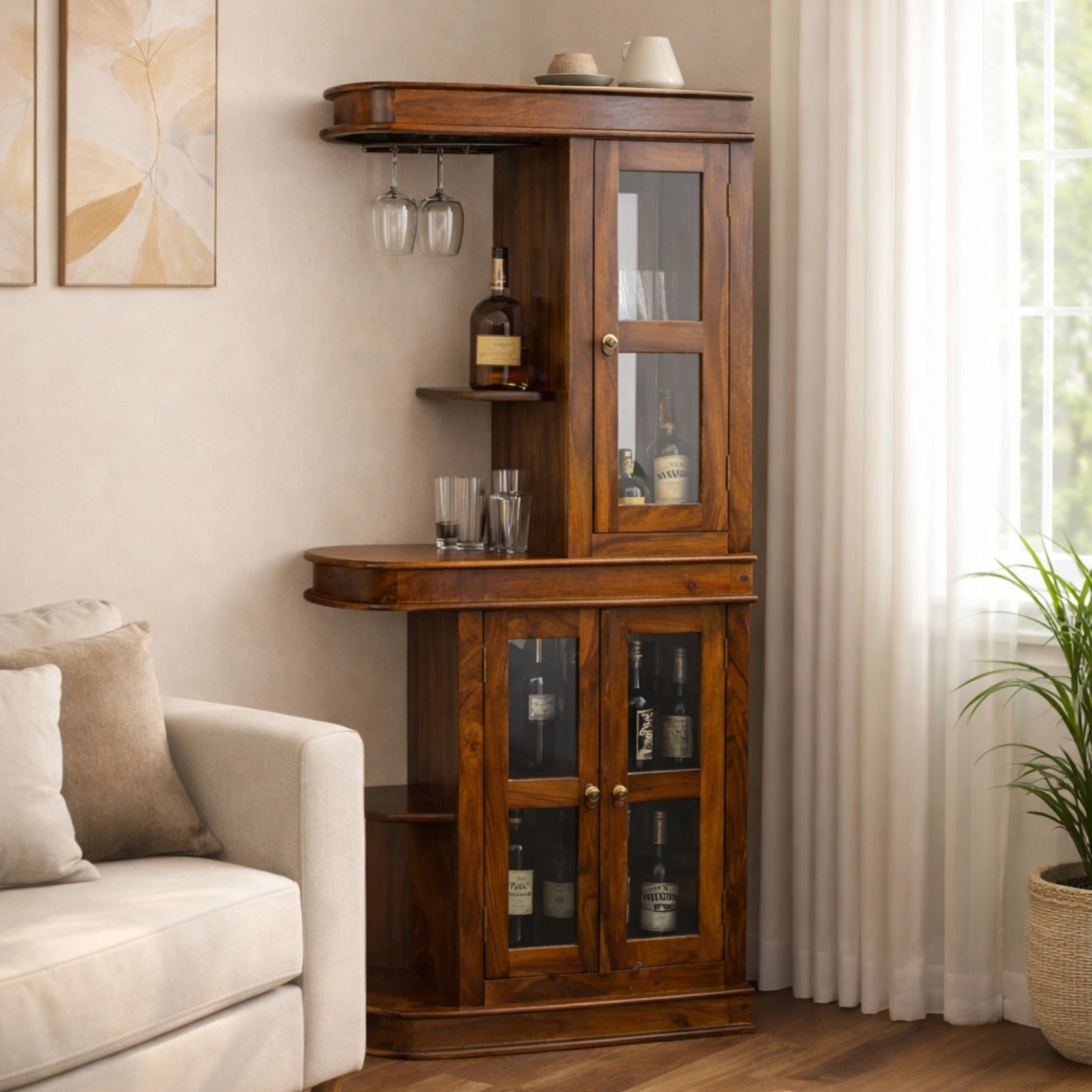 Python Sheesham Wood Bar Cabinet in Honey Finish