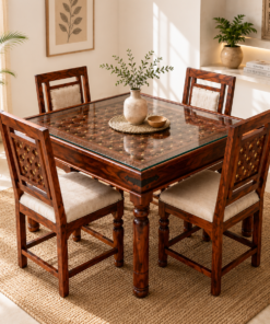 Rustic 4 seater Sheesham Wood Dining Set with Brassin Honey Finish