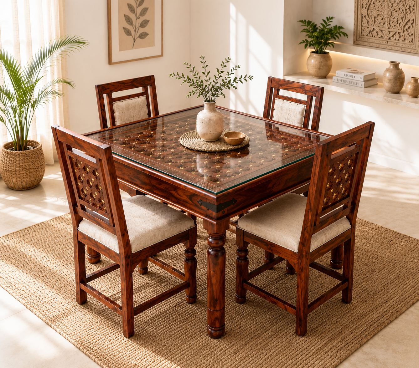 Rustic 4 seater Sheesham Wood Dining Set with Brassin Honey Finish