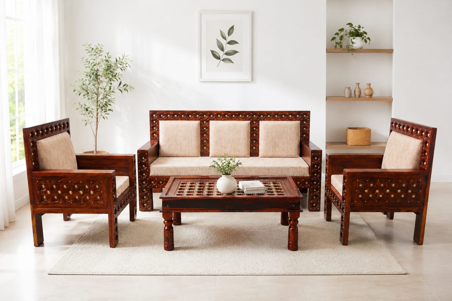 Rustic 5 Sheesham Wood Seater Sofa Set in Honey Finish