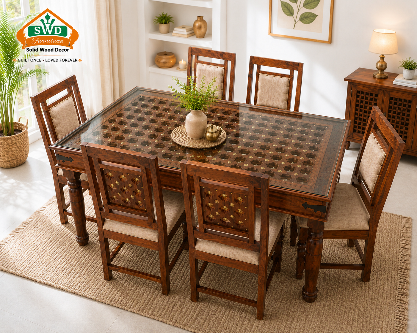 Rustic 6 Seater Sheesham Wood Dining Set in Honey Finish