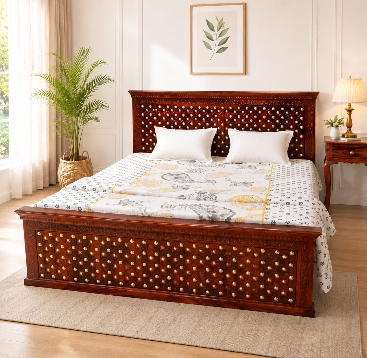 Rustic Sheesham Wood King size bed with box storage in Honey Finish
