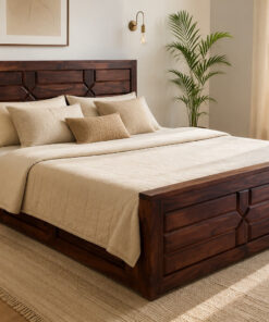 Shape Sheesham Wood King Size Bed in Walnut Finish with Box Storage