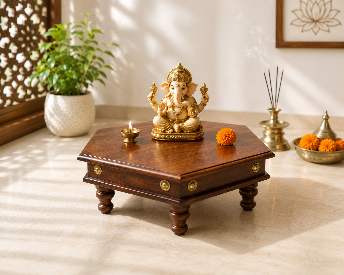 Shatkon Sheesham Wood chowki in Honey Finish