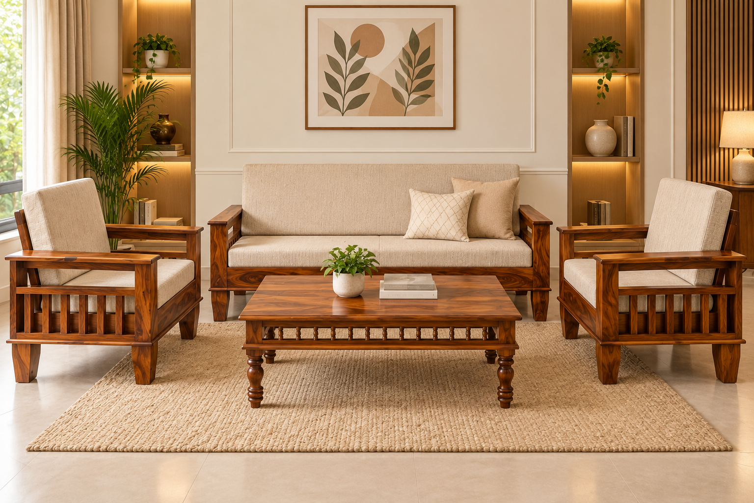 Silica 5 Seater Sheesham Wood Sofa Set in Honey Finish