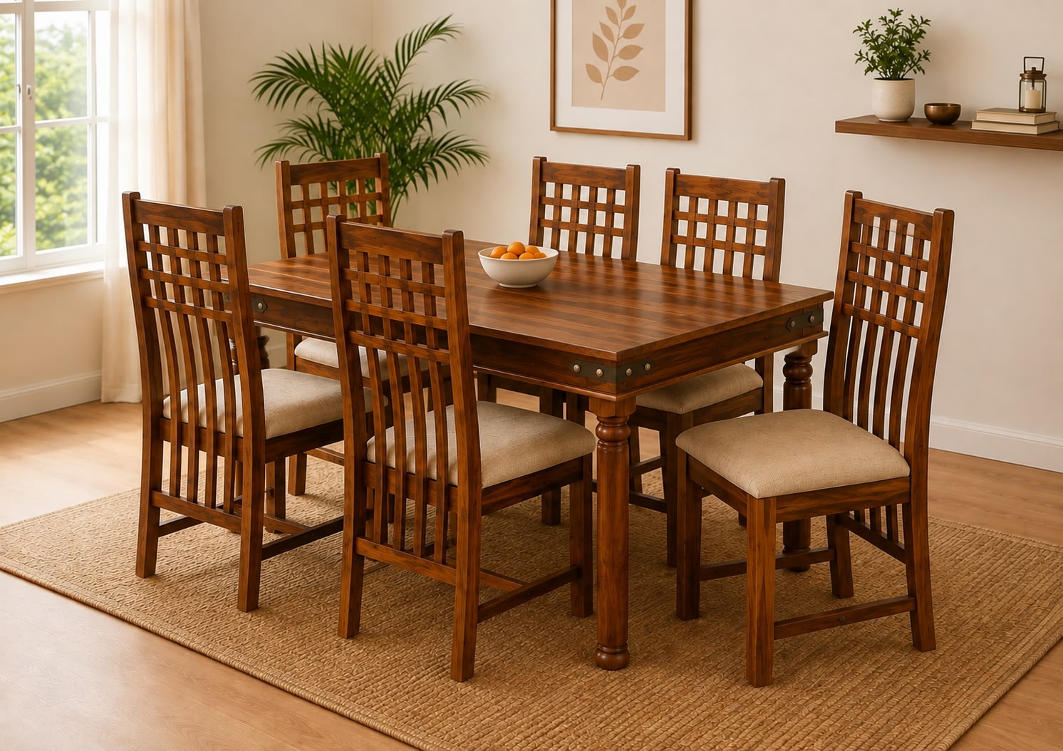Takhat 6 Seater Sheesham Wood Dining Set in Honey Finish