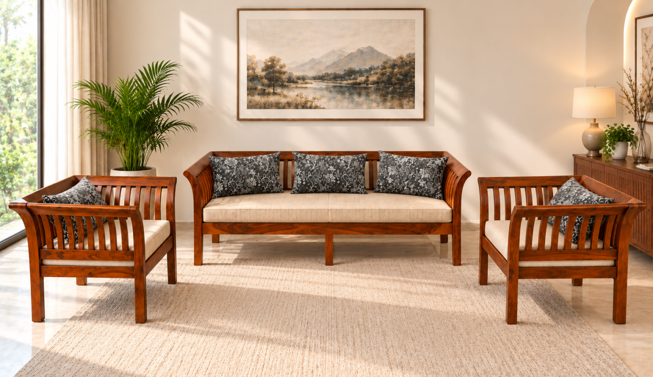 Thunder 5 seater Sheesham Wood sofa set in Honey Finish
