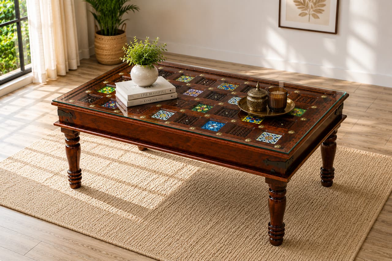Tile carvin Sheesham Wood coffee table in Honey Finish