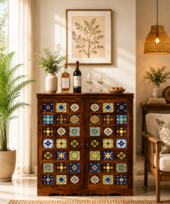 Tile Sheesham Wood Bar Cabinet in Honey Finish