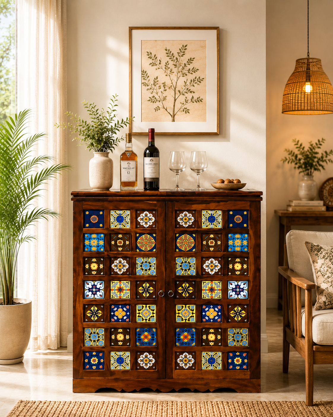 Tile Sheesham Wood Bar Cabinet in Honey Finish