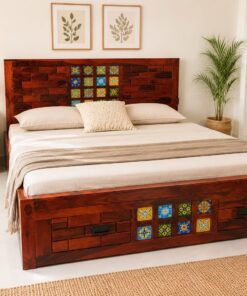 Tile Sheesham Wood Brick King size bed with storage in honey finish