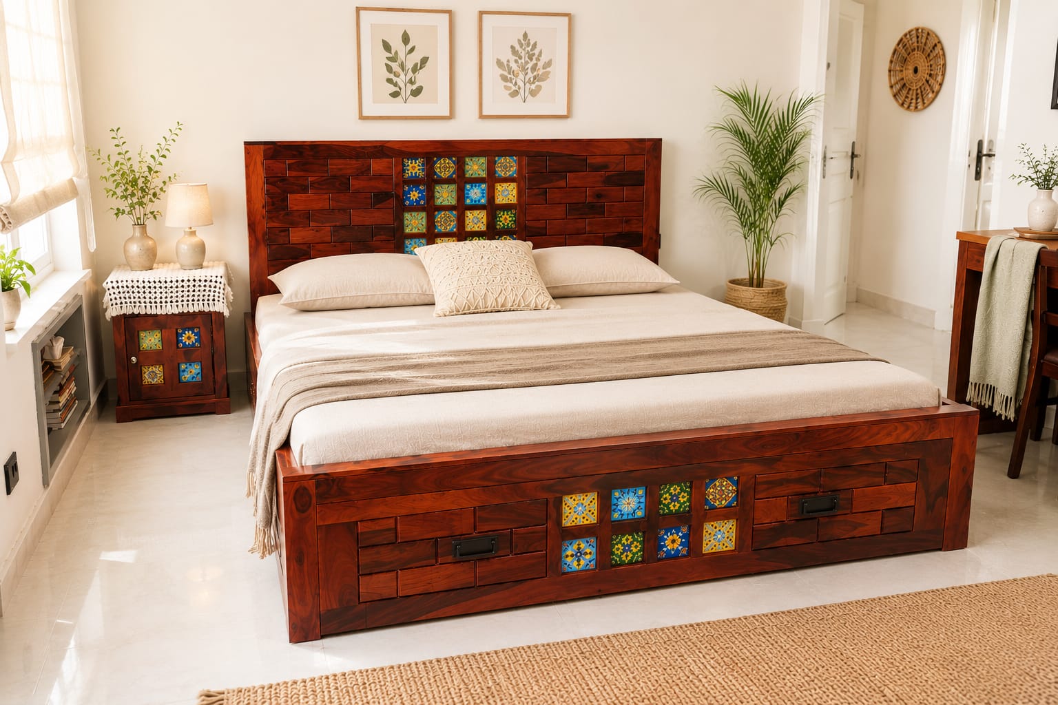 Tile Sheesham Wood Brick King size bed with storage in honey finish