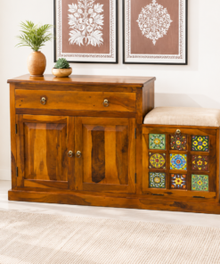 Tile Sheesham Wood Shoe Rack with Seat in Honey Finish