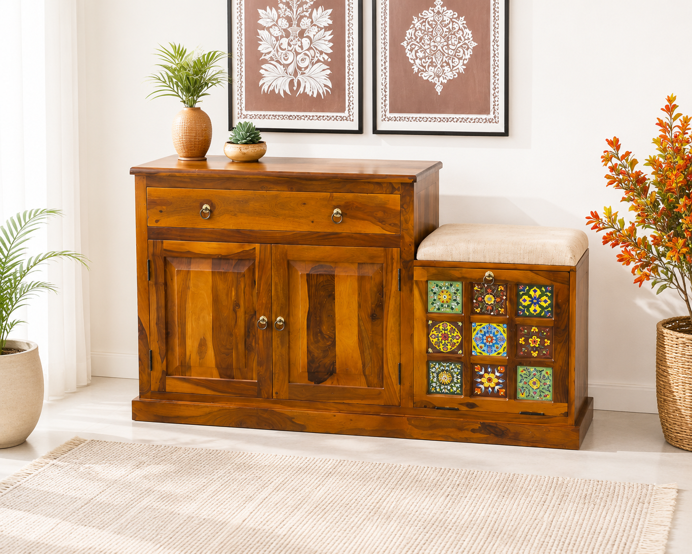 Tile Sheesham Wood Shoe Rack with Seat in Honey Finish