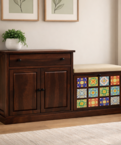 Tile Sheesham Wood Shoe Rack with Seat in Walnut Finish