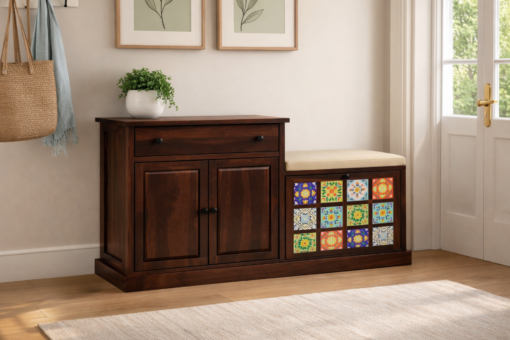 Tile Sheesham Wood Shoe Rack with Seat in Walnut Finish