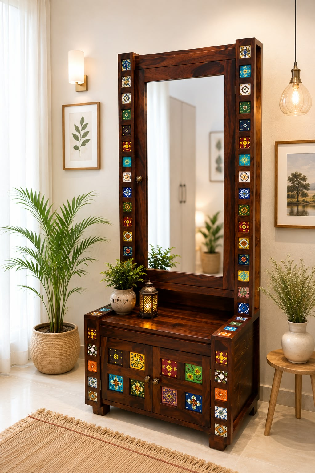 Tile Sheesham Wood Storage Dresser in Honey Finish