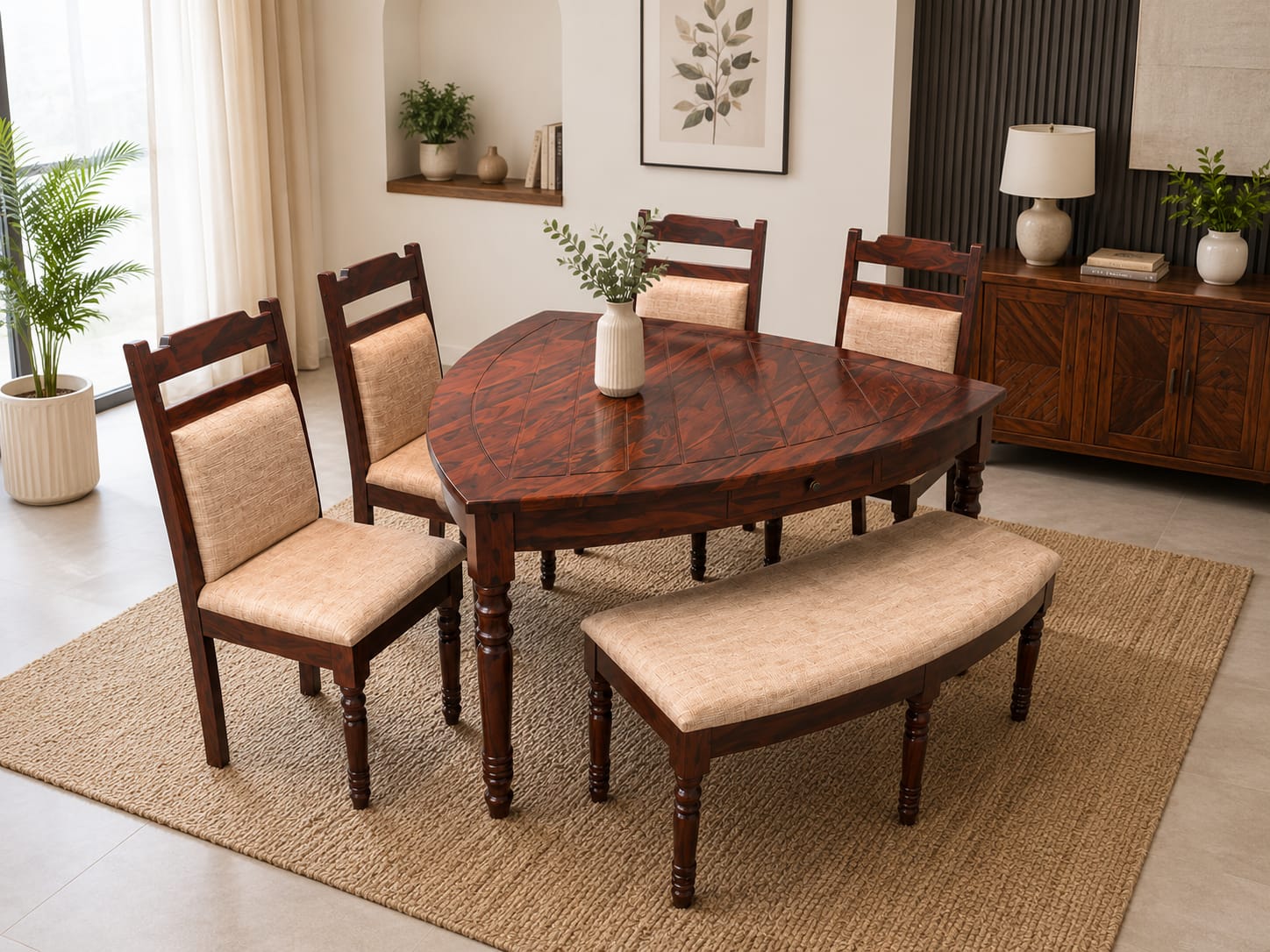 Triangle 6 Seater Sheesham Wood Dining Set in Honey Finish