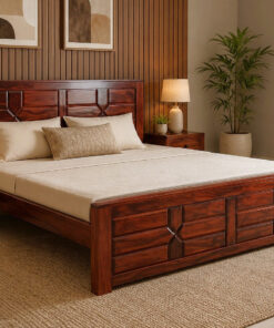Wooden Shape Sheesham Wood King Size Bed in Honey Finish Without Storage