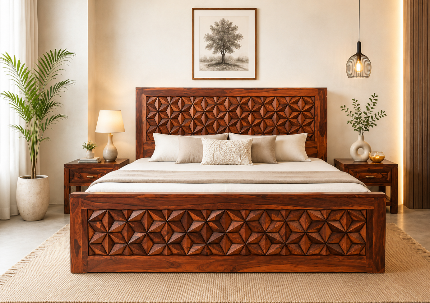 Wooven Sheesham Wood King Size Bed Box Storage in Honey FInish