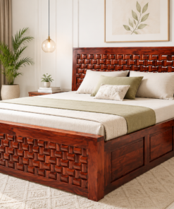 Woven Sheesham Wood King Size Bed in Honey Finish With Box Storage