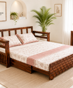 Woven Sheesham Wood Sofa cum Bed in Honey Finish