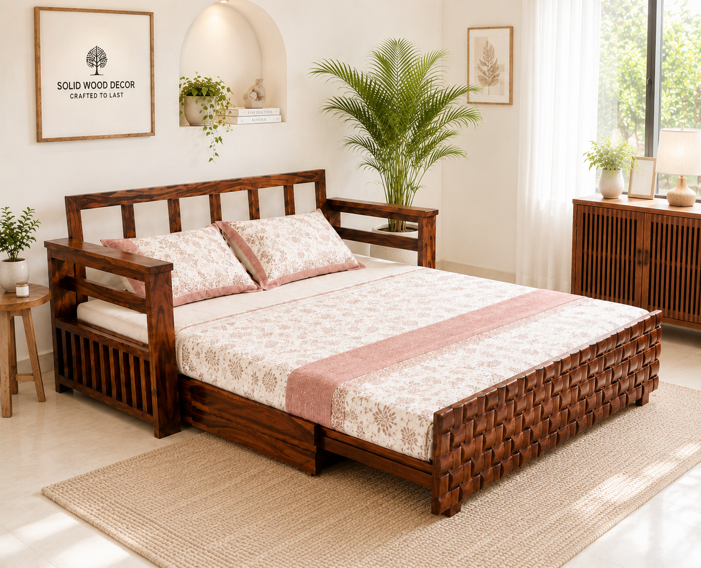 Woven Sheesham Wood Sofa cum Bed in Honey Finish