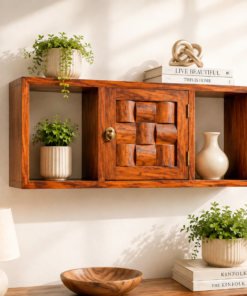 Woven Sheesham Wood Wall Shelf in Honey Finish