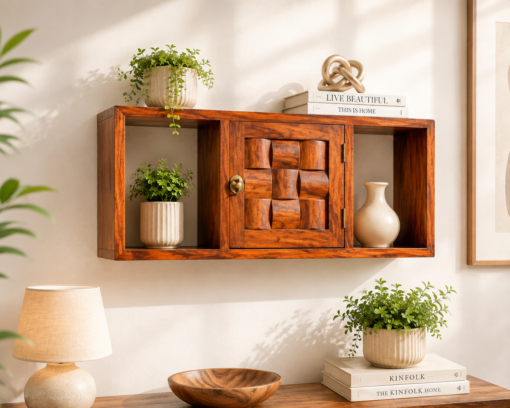 Woven Sheesham Wood Wall Shelf in Honey Finish