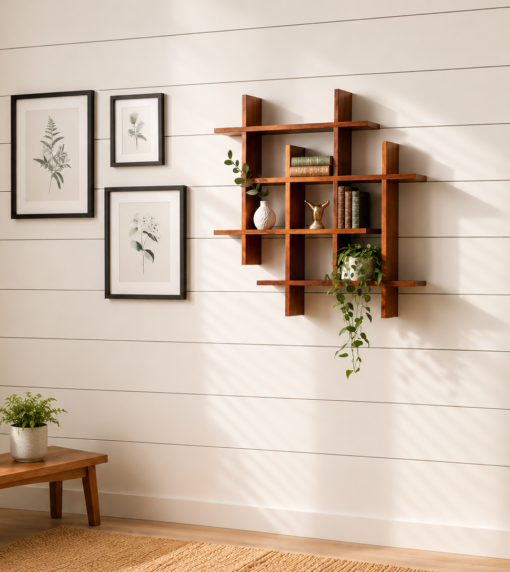 Zig Zag Sheesham Wood Wall Shelf in Honey Finish